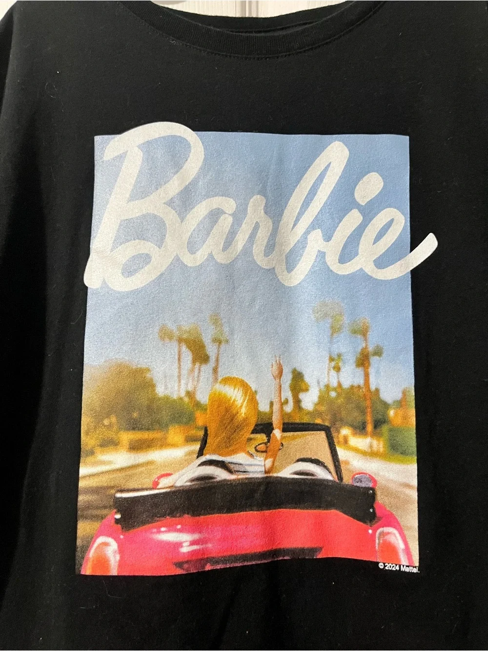Old Navy Black Barbie Graphic Tee with Pink Car and Blue Sky